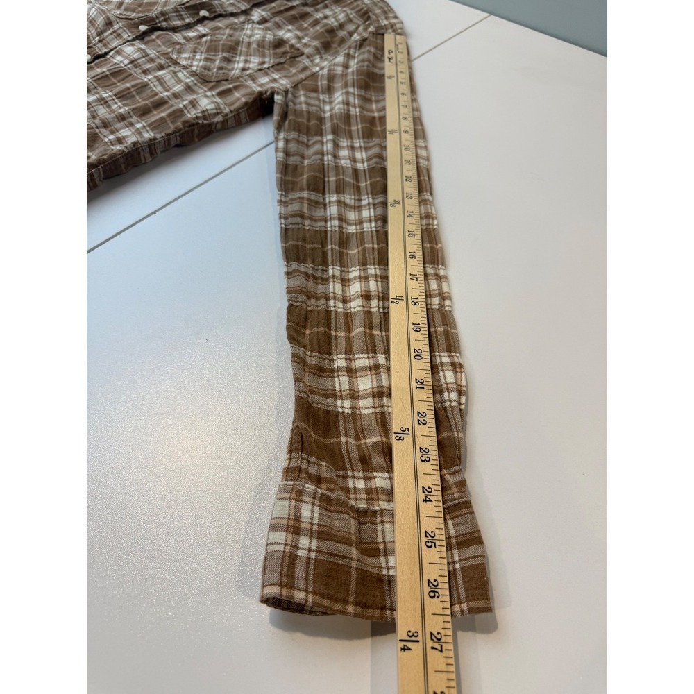 Imogene and‎ Willie Earl Puckered Flannel Top Unisex M Brown Plaid Button Down - Picture 7 of 7